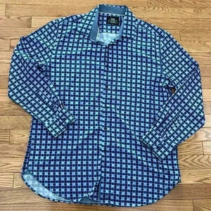 [17.5”]WRK 4 Way  Stretch Blue Squared Pattern Men Button Down 14%Spandex Shirt
